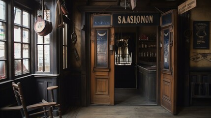 A saloon with swinging doors and a "wanted" poster hanging outside Generative AI