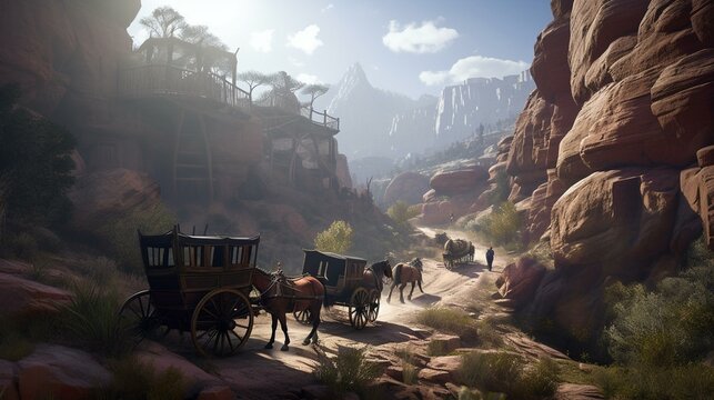 A stagecoach being robbed by bandits in the middle of a canyon Generative AI
