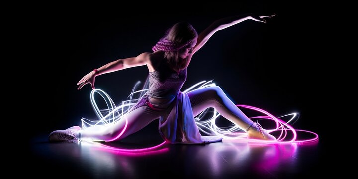 une femme qui danse sur fond noir avec effet de light painting - generative ai