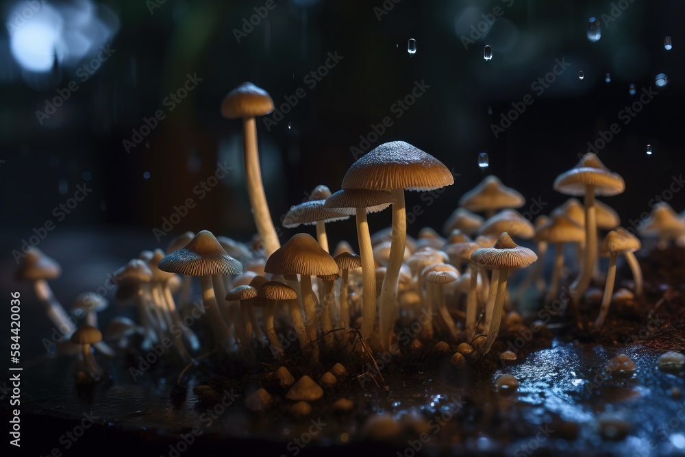 Poster a group of mushrooms that are sitting on a table in the rain. generative ai