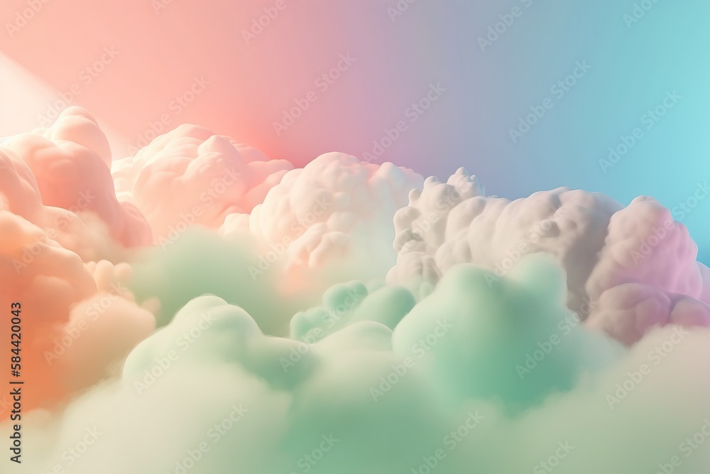 Poster a bunch of clouds that are in the sky with a rainbow background. generative ai