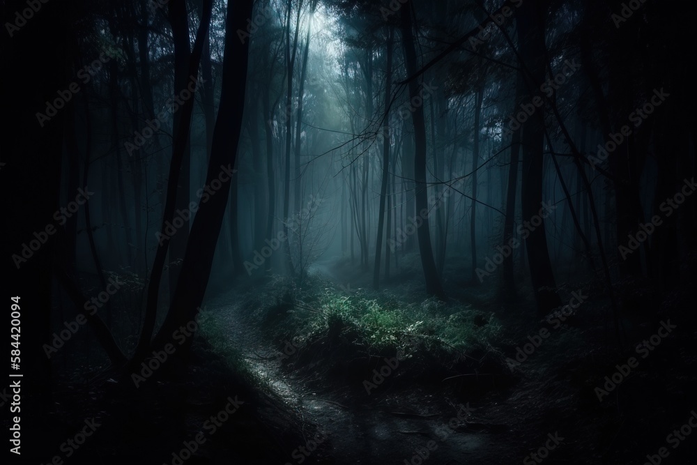 Poster a dark forest with a trail in the middle of it. generative ai