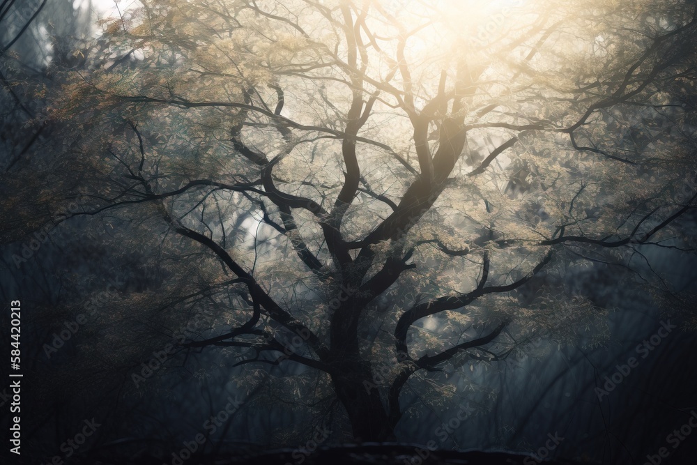 Poster a tree in the middle of a forest with the sun shining through the branches. generative ai