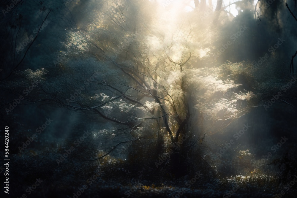 Poster sunlight shining through the trees in a forest filled with trees. generative ai