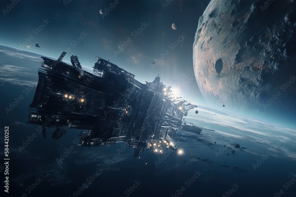 Poster a space station in the middle of the ocean with a planet in the background. generative ai