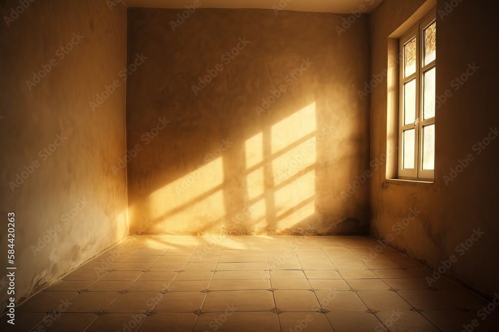 Poster a room with a tile floor and a window with the light coming in. generative ai
