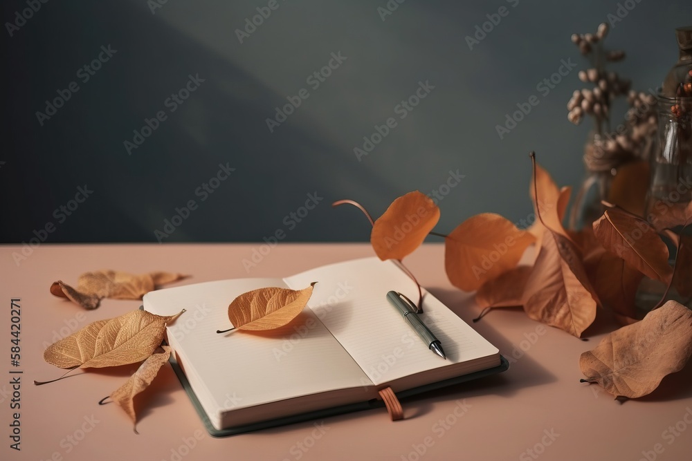 Poster a notebook with a pen and some leaves on a table. generative ai