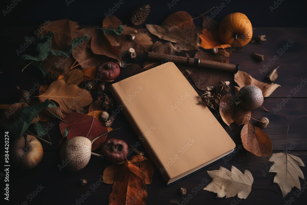 Aufkleber an open book sitting on top of a table surrounded by leaves. generative ai