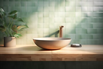 Obraz na płótnie Canvas a bathroom with a bowl sink and a plant in the corner. generative ai