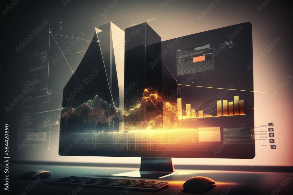 Poster computer monitor with analytical data visualization. ai generated, human enhanced