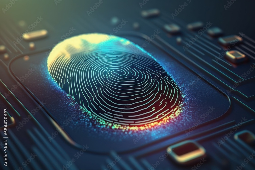 Poster digital biometri, security identify by fingerprint concept. scanning system fingerprint. ai generate