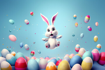 Fototapeta na wymiar Illustration of happy Easter bunny jumping over colorful eggs on blue background. Generative AI.