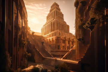 Ancient city of Babylon with the tower of Babel, bible and religion. AI generated, human enhanced - obrazy, fototapety, plakaty