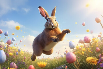 Happy Easter bunny jumping over colorful flowering spring meadow . Generative AI.