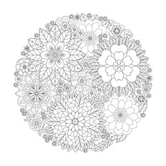 Floral pattern in a circle.                                              Antistress coloring book for children and adults. 
