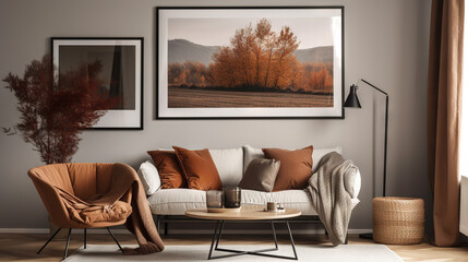 Bohemian Interior Design Style living room in pastel colors mock-up with frame for picture generative ai