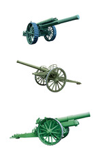 three ancient iron cannons on wheels isolated on white background - 584420850