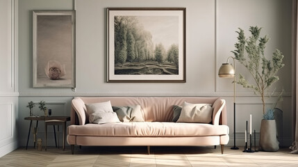 Bohemian Interior Design Style living room in pastel colors mock-up with frame for picture generative ai