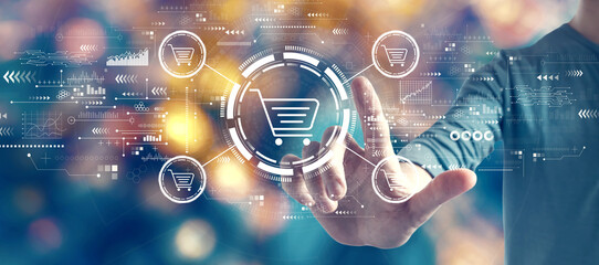 Online shopping theme with man on blurred blue city light background