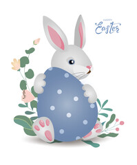 Happy Easter bunny banner with rabbit, egg and hand drawn lettering text. Cute hare in flowers and leaves on white background. For greeting cards, banners, invitation. Vector illustration.