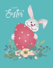 Happy Easter bunny banner with rabbit, egg and hand drawn lettering text. Cute hare in flowers and leaves on blue background. For greeting cards, banners, invitation. Vector illustration.