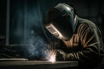 Worker or welder in the metallurgical industry performing welding in his workshop. AI generated, human enhanced. - obrazy, fototapety, plakaty