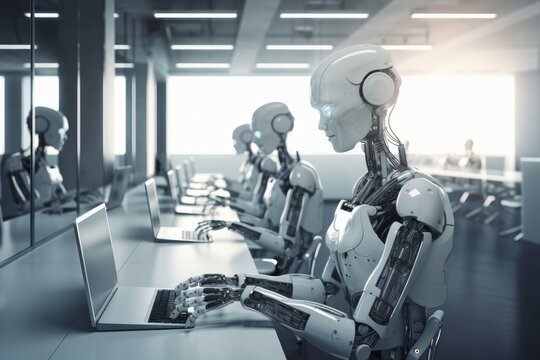 Robotic office with laptops and robots, business process automation. AI generated, human enhanced.