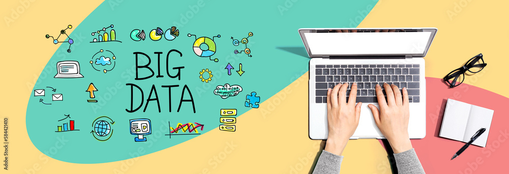 Poster big data theme with person using a laptop computer