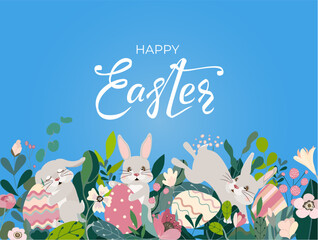Happy Easter bunnies banner with hand drawn lettering text and eggs, leaves and flowers. Beautiful floral background, cute panorama card with rabbits for festive invitation. Vector illustration.