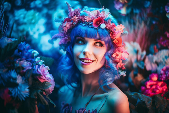 Portrait of fabulously beautiful woman flower fairy with wreath on head.  Generative AI