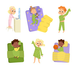 Little Boy and Girl Sleeping and Getting Ready to Bed Vector Set