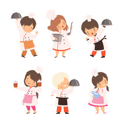 Little Boy and Girl Chef in White Toque and Jacket Holding Tray with Appetizing Dish Vector Set