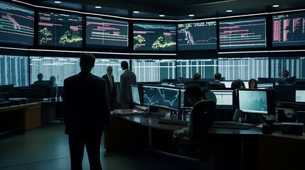 A bustling stock exchange with screens showing real-time data and charts, the environment is modern and sleek, with fast-paced traders in sharp suits AI Generative