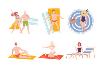 Young Man and Woman with Tattoo Wearing Swimming Suit Lying on Blanket on Beach Vector Set
