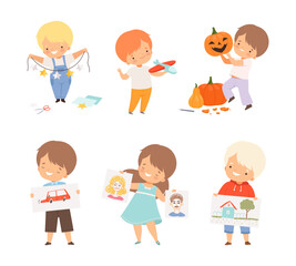 Little Boy and Girl Showing Drawing or Handcrafted Item Vector Illustration Set