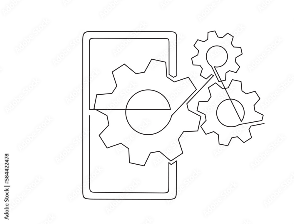Poster continuous one single line drawing of smartphone and gears, adjusting app options, maintenance, repa