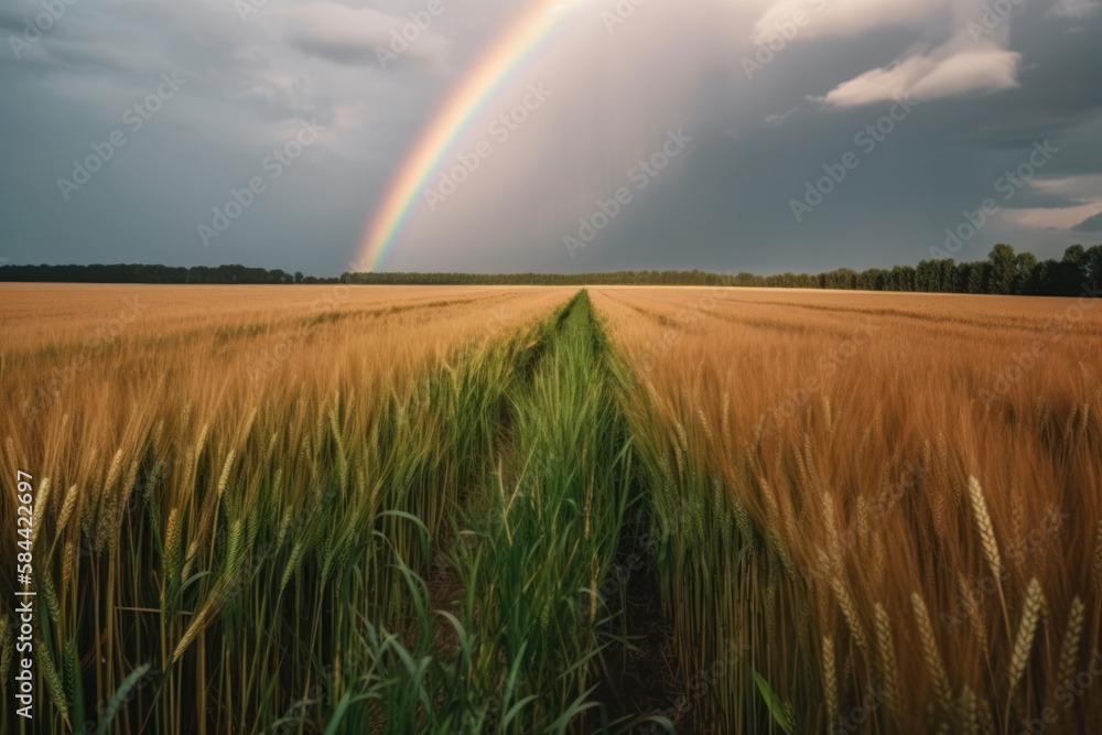 Aufkleber wheat field with rainbow and cloudy sky generative ai