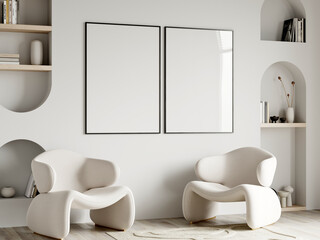 mockup frame in modern living room interior, 3d render - obrazy, fototapety, plakaty