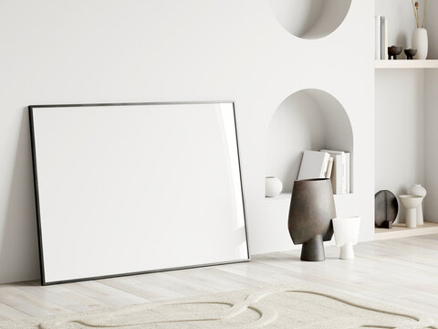 horizontal mockup frame in modern living room interior, 3d render
