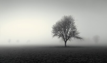 Fototapeta premium a lone tree in a foggy field with trees in the distance. generative ai