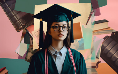 Young graduate in green regalia and glasses stands confidently against a backdrop of floating books and papers, showcasing her academic achievement.