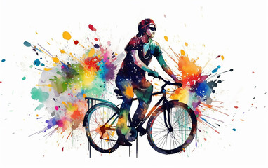 Dynamic illustration of a female cyclist amidst a splash of vivid colors, depicting the energy, passion, and thrill of biking.