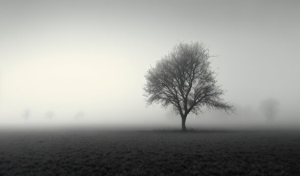  a lone tree in a foggy field with trees in the distance.  generative ai