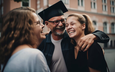 Mature graduate in cap and gown, joyfully celebrating his achievement with young women, depicting multi-generational pride.