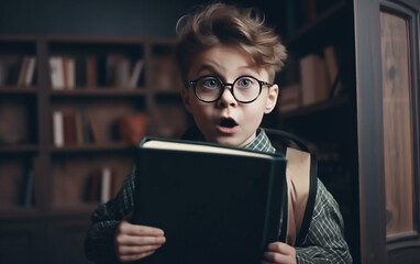 In the library, a smiling young boy with glasses stands, ready for school with his backpack.