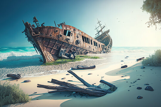 Shipwreck on sea beach, wreck of old rusty ship on sand by water, generative AI.