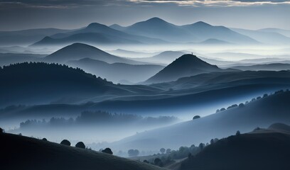  a view of a mountain range in the foggy day.  generative ai