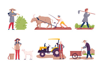 Asian Male and Female Farmer Cultivating Agricultural Crop Vector Illustration Set