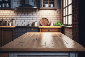 Close up of empty wood table on kitchen. Modern empty kitchen, mockup with empty space. AI generated