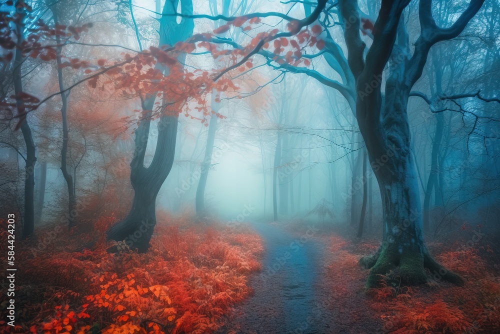 Poster a path through a forest with red leaves on the ground. generative ai